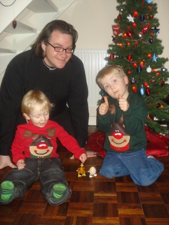 The Rev Dr William C Ingle-Gillis ("Father Will") and his kids with the Chicken and Egg.